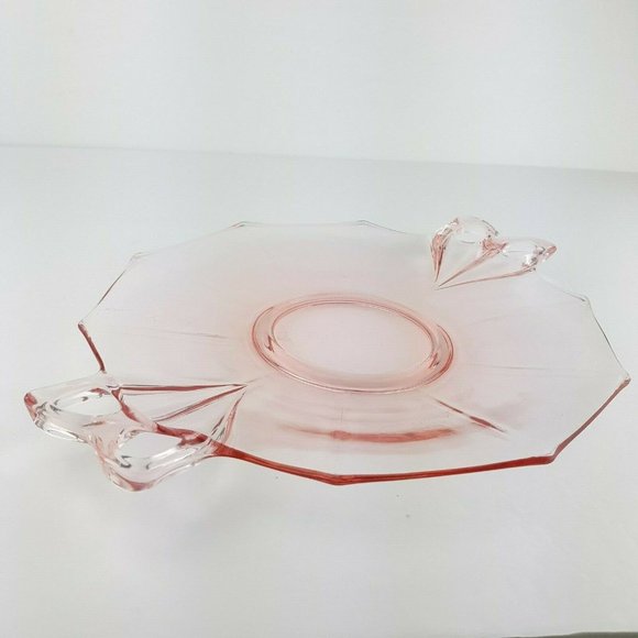 Vintage Depression Era Pink Glass Double Handle Serving Plate Tray - Picture 4 of 12